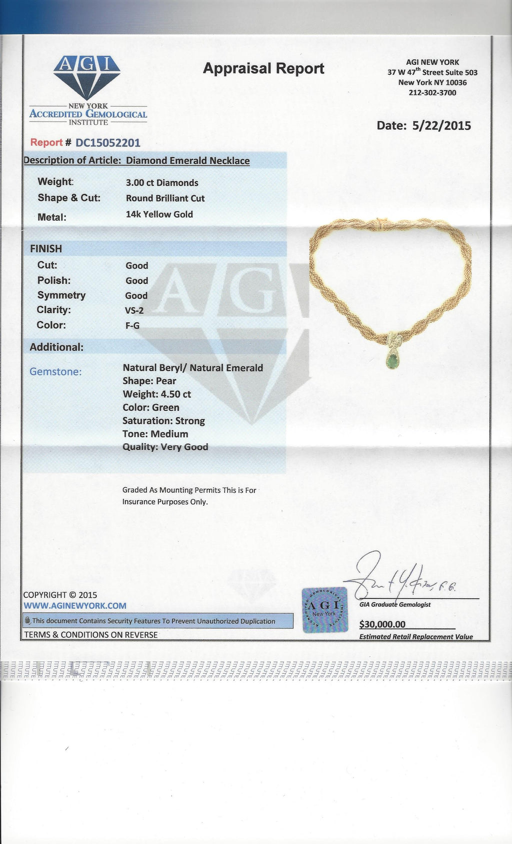 14k Gold Emerald Diamond Necklace Certified