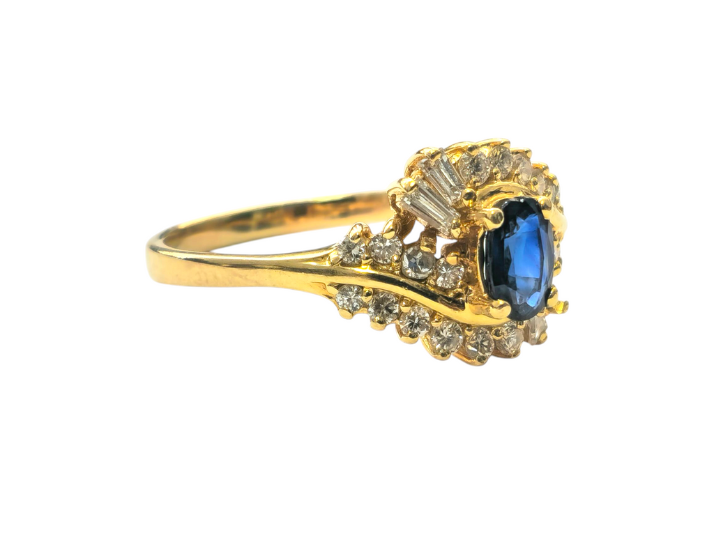 Natural blue sapphire and diamond ring in 14k gold, featuring a elegant design with sparkling gemstones, by Prince The Jeweler.