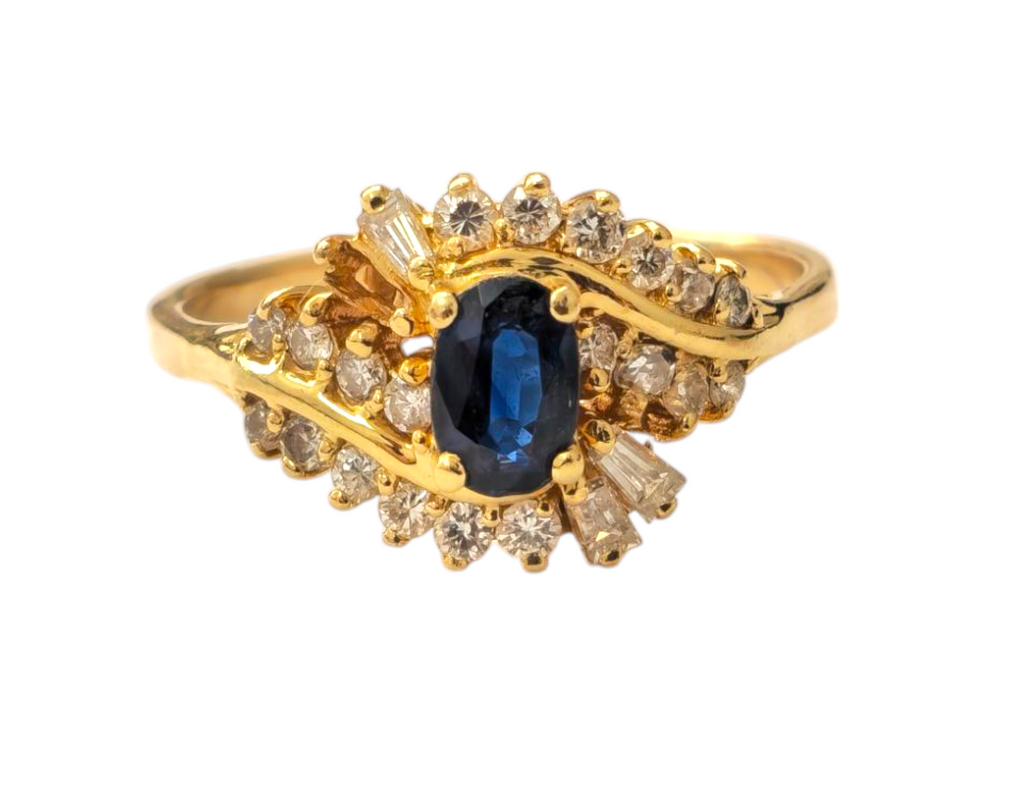 Natural blue sapphire and diamond ring in 14k gold, featuring a elegant design, from Prince The Jeweler.
