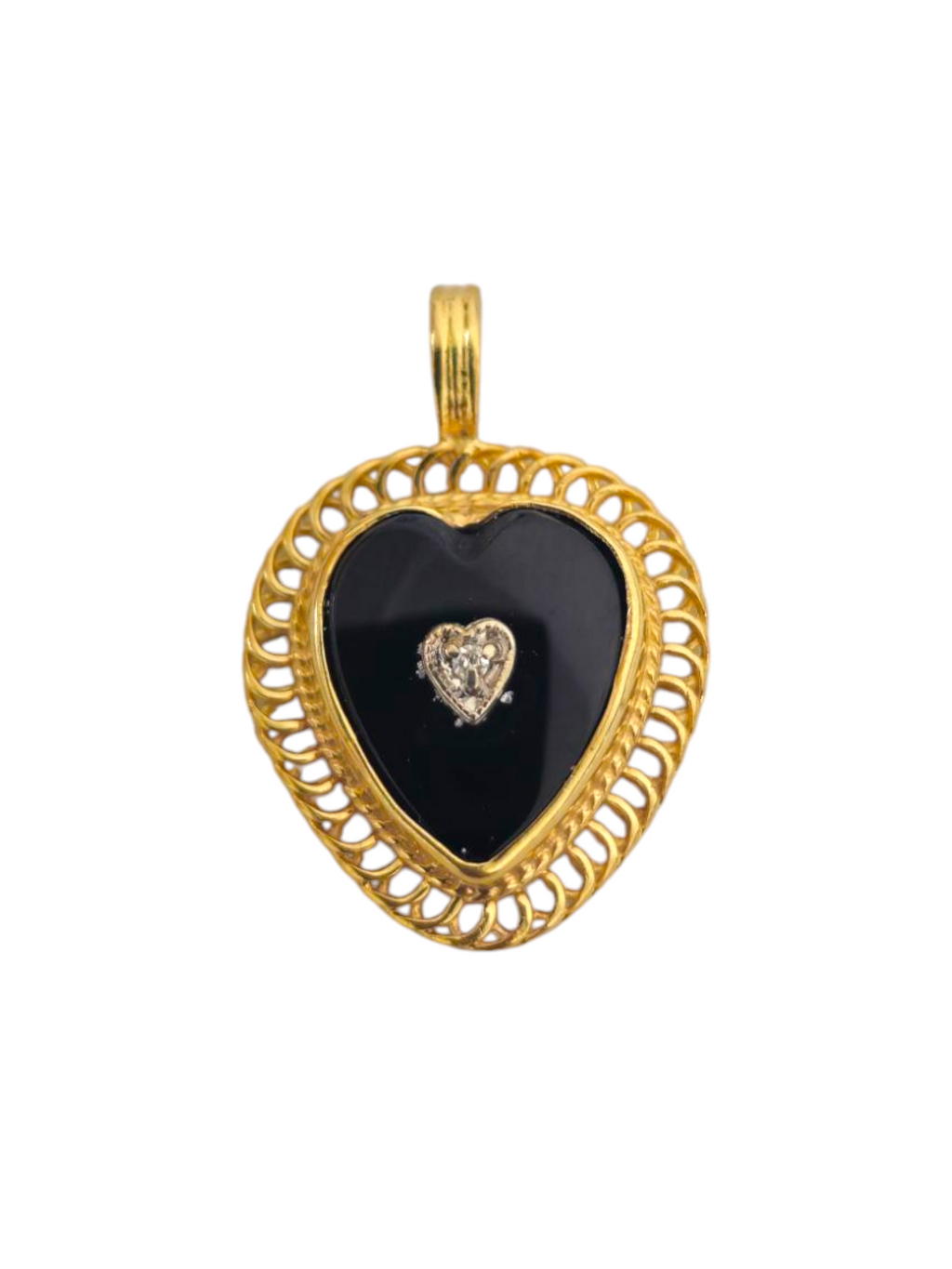 Onyx and diamond heart pendant in 14k gold, featuring a delicate design and sparkling gemstones, by Prince The Jeweler.