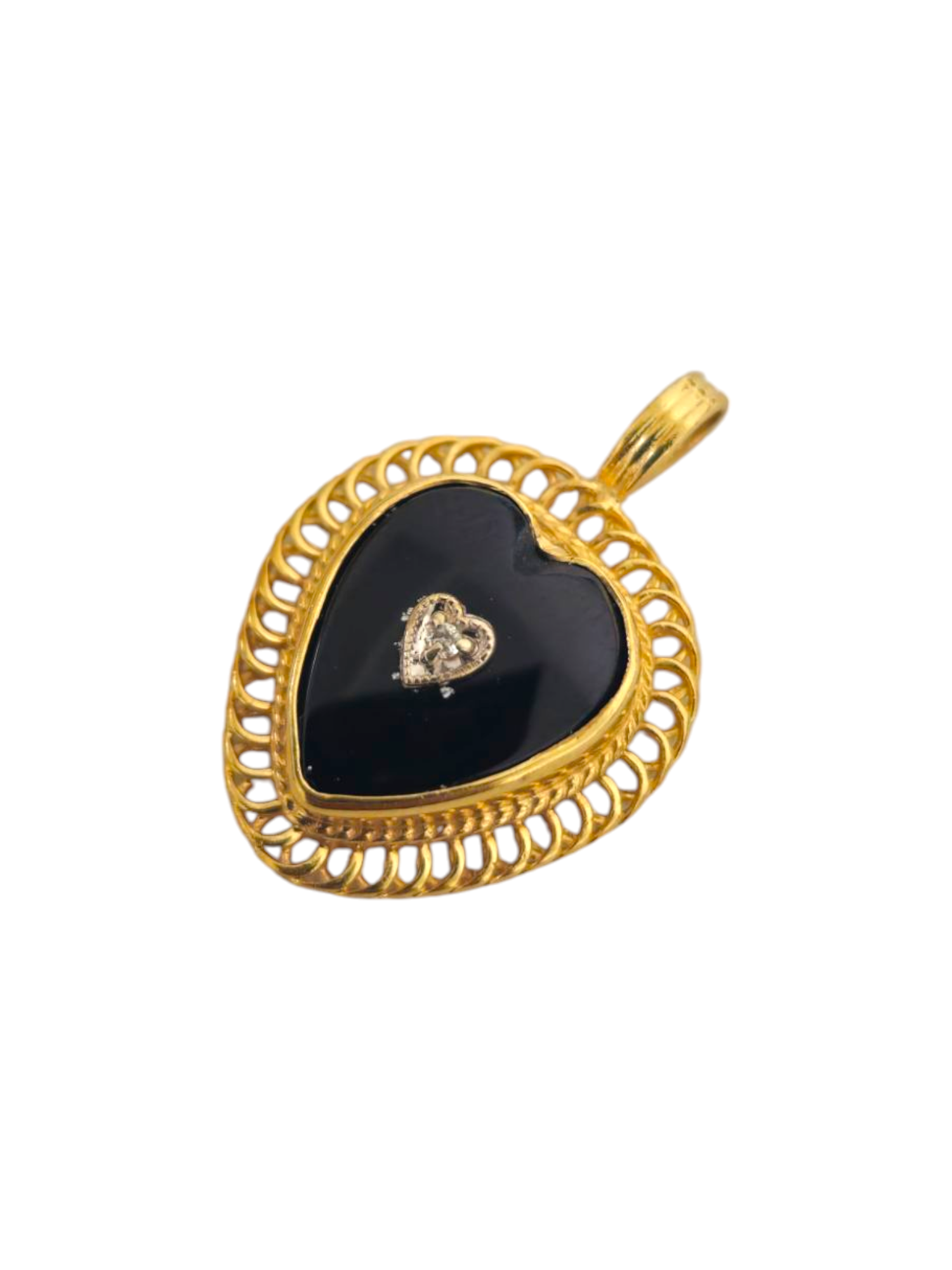 Onyx and diamond heart pendant in 14k gold, showcasing a elegant jewelry piece with a polished finish.