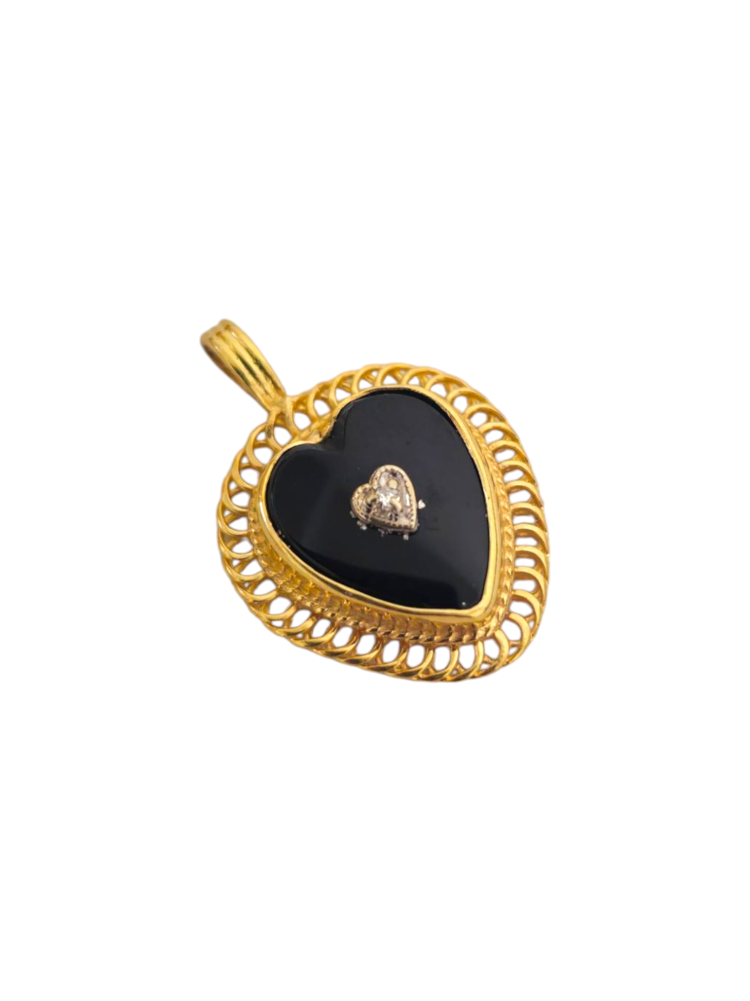 Onyx and diamond heart pendant in 14k gold, featuring a polished black onyx stone and sparkling diamonds, from Prince The Jeweler.