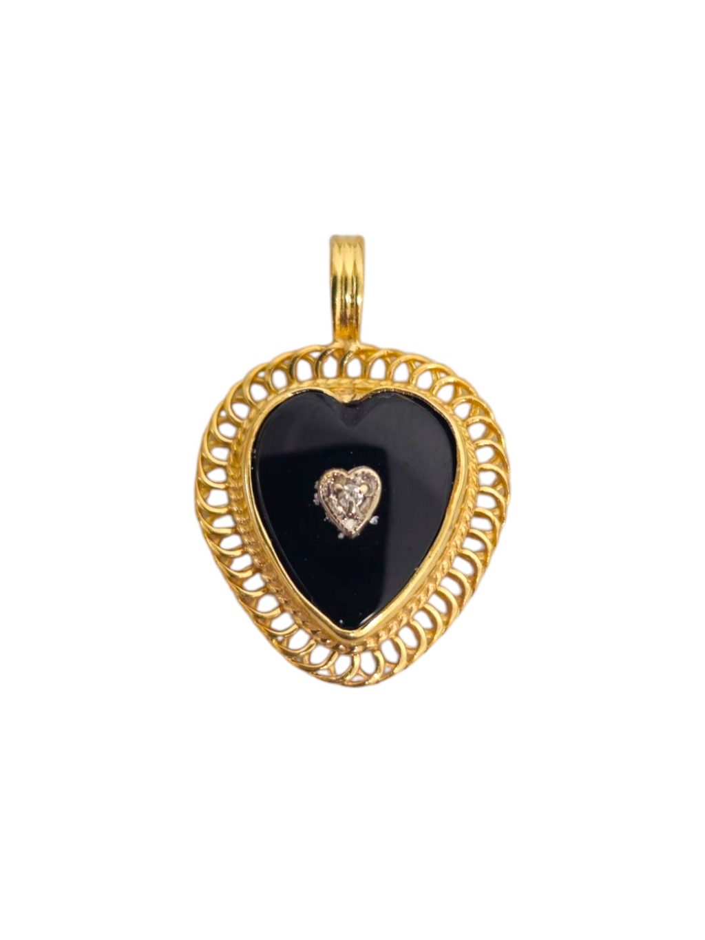 Onyx and diamond heart pendant in 14k gold featuring a detailed design, crafted by Prince The Jeweler.