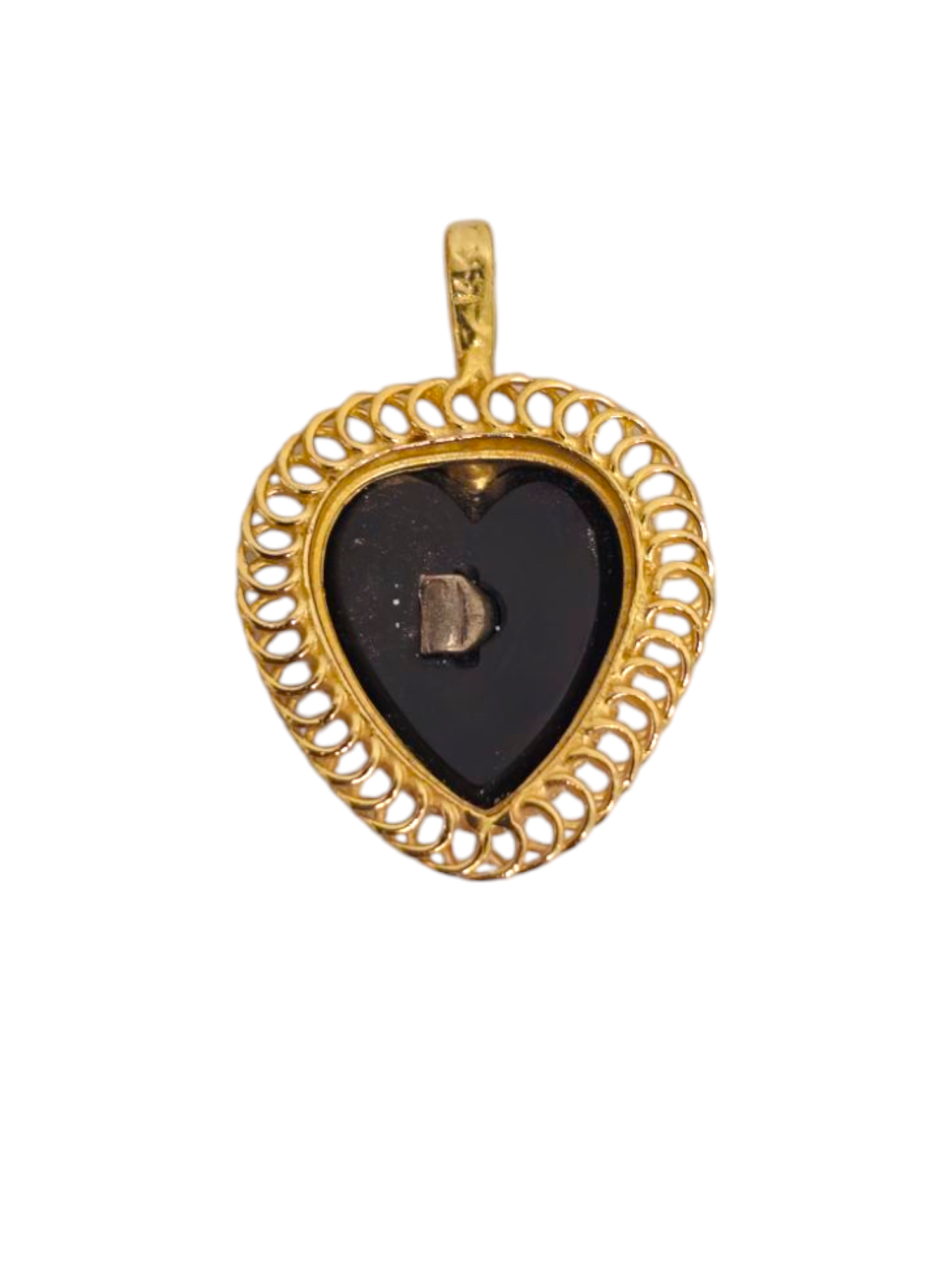 14k gold heart pendant with onyx and diamond accents, elegant jewelry piece by Prince The Jeweler.