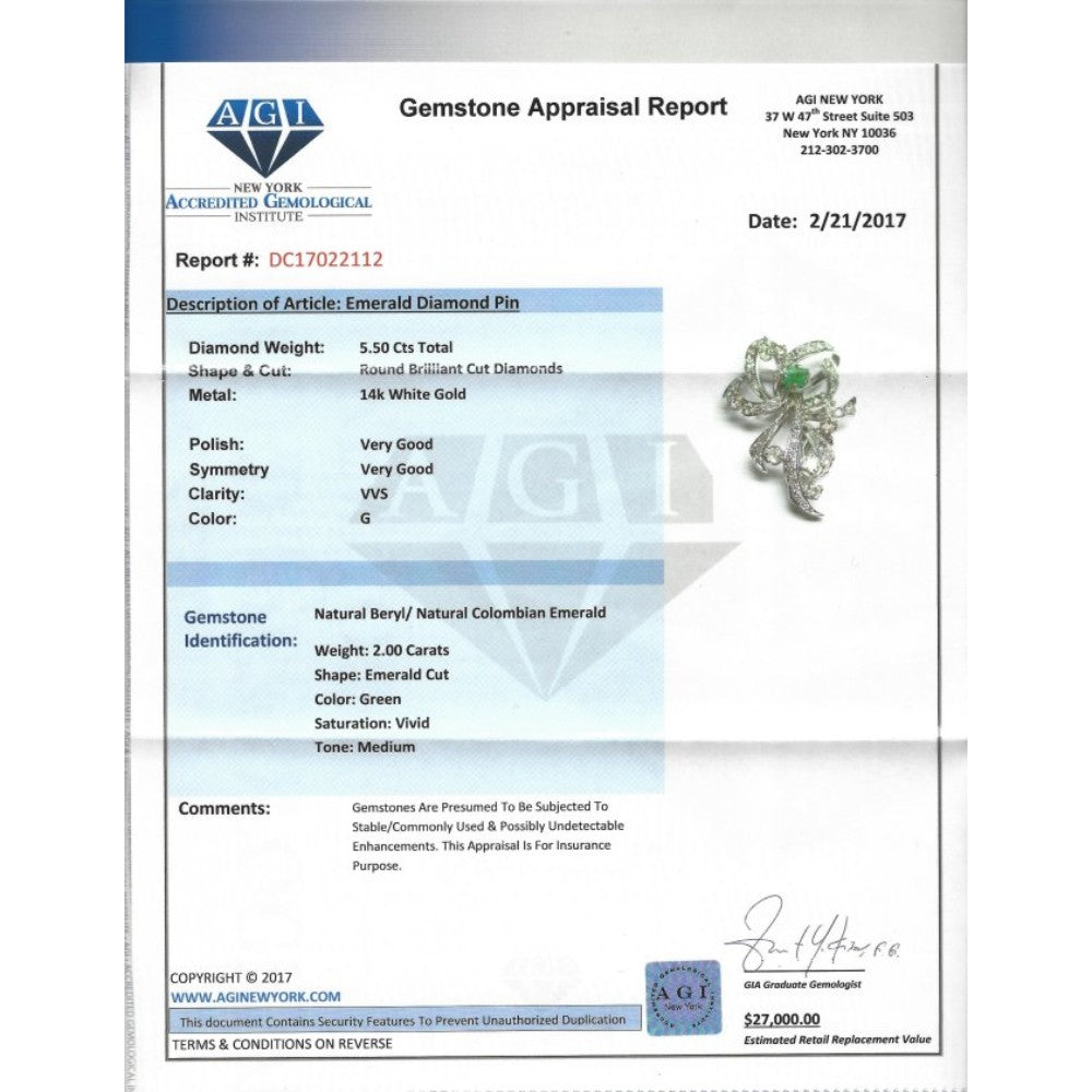 7.50 Carat VVS Diamond and Colombian Emerald Pin - Pristine Diamonds