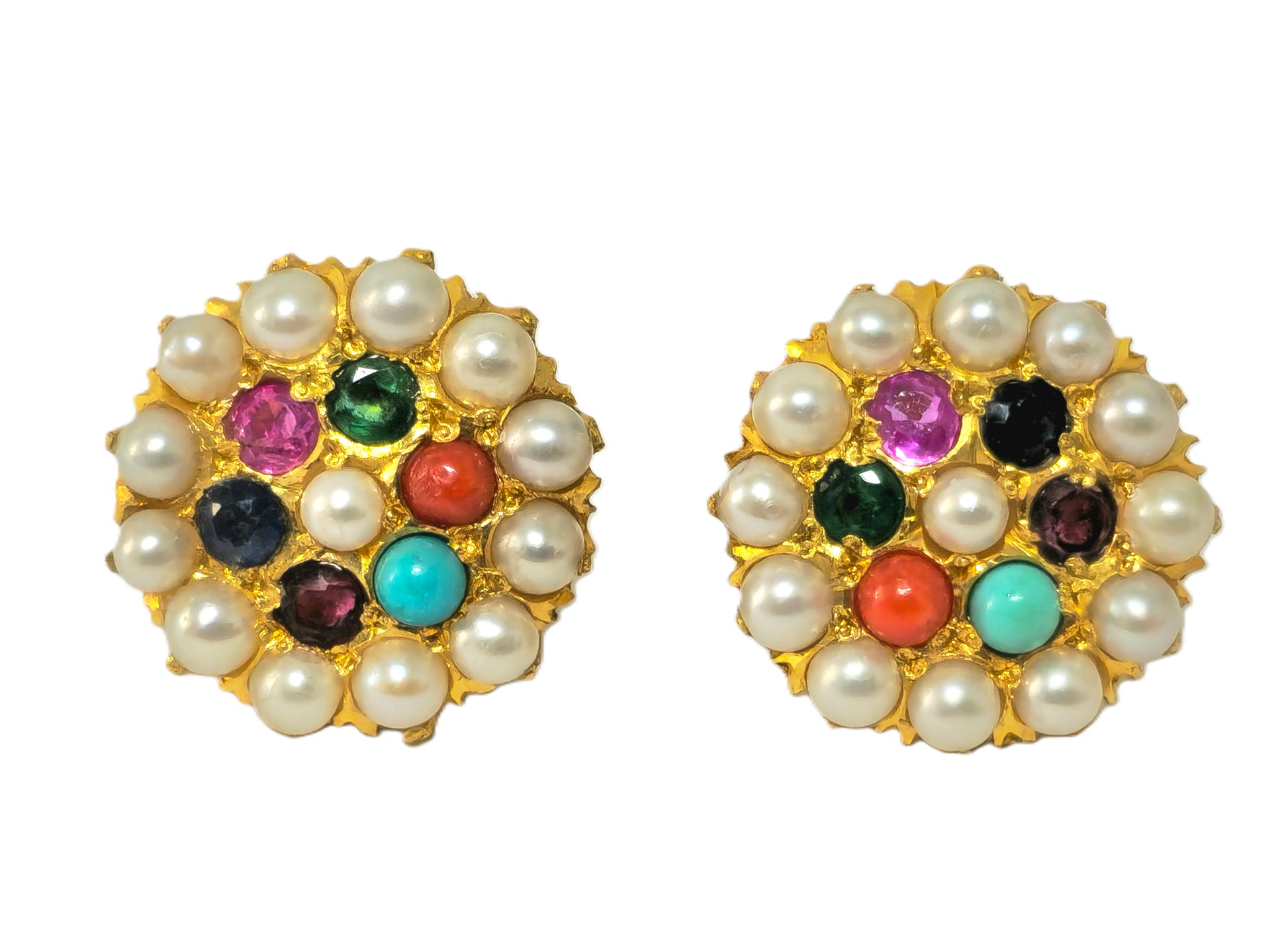 Vintage 22k Yellow Gold Pearl, Emerald and Sapphire Earrings - Pristine Diamonds