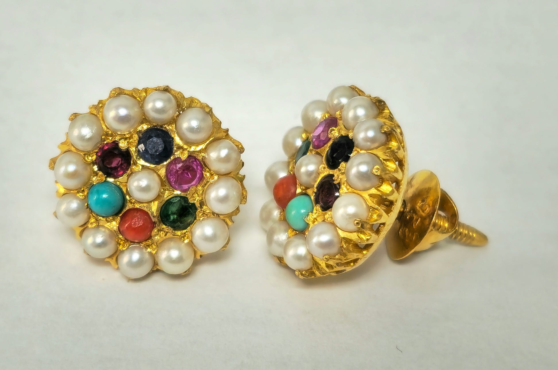 Vintage 22k Yellow Gold Pearl, Emerald and Sapphire Earrings - Pristine Diamonds