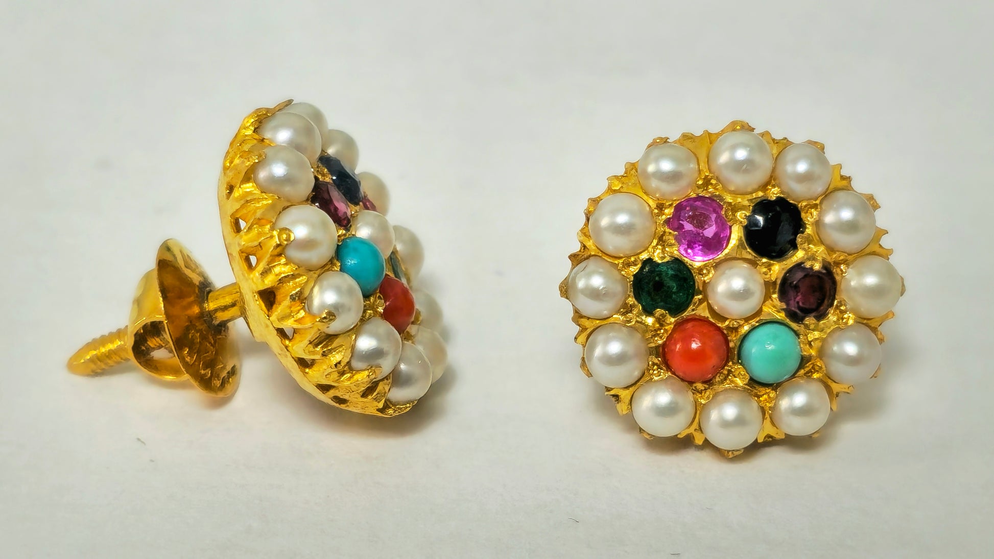 Vintage 22k Yellow Gold Pearl, Emerald and Sapphire Earrings - Pristine Diamonds