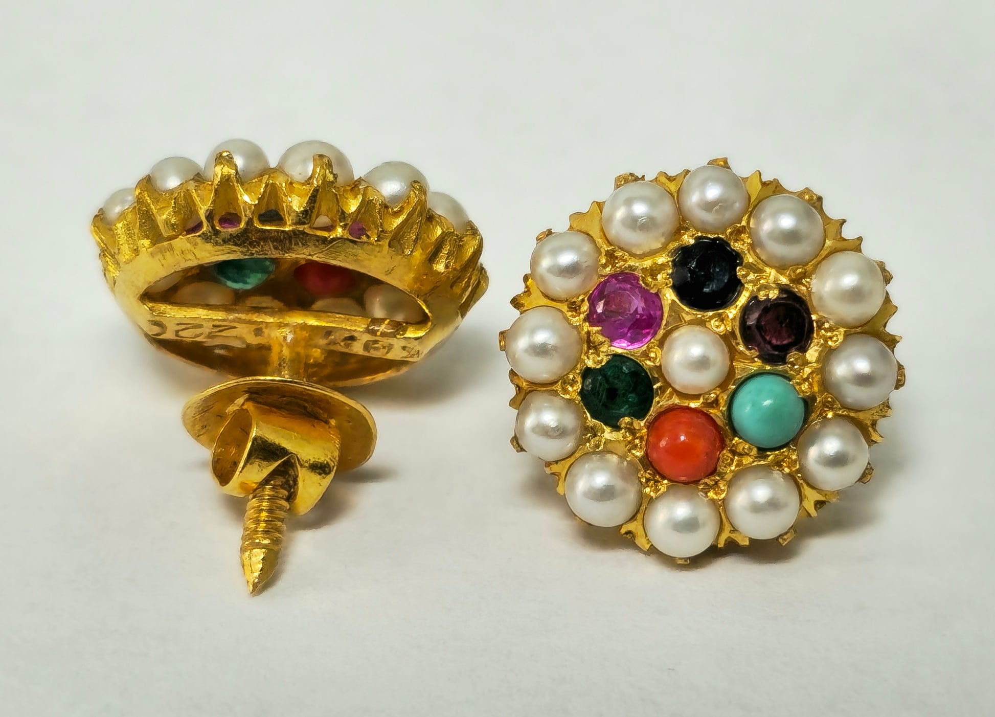 Vintage 22k Yellow Gold Pearl, Emerald and Sapphire Earrings - Pristine Diamonds