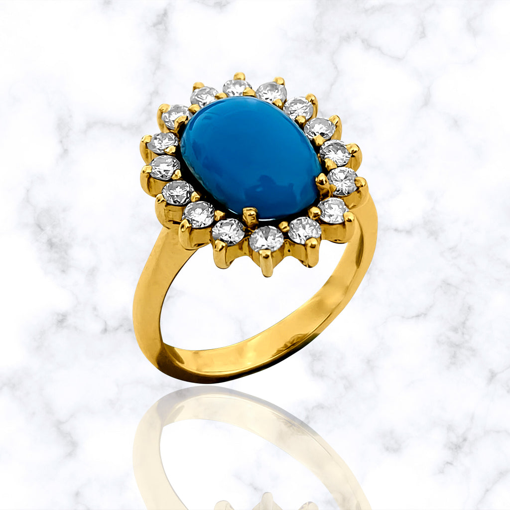 Art Deco turquoise diamond cocktail ring featuring 2.00 carats from Prince The Jeweler, showcasing intricate design and sparkling gemstones.
