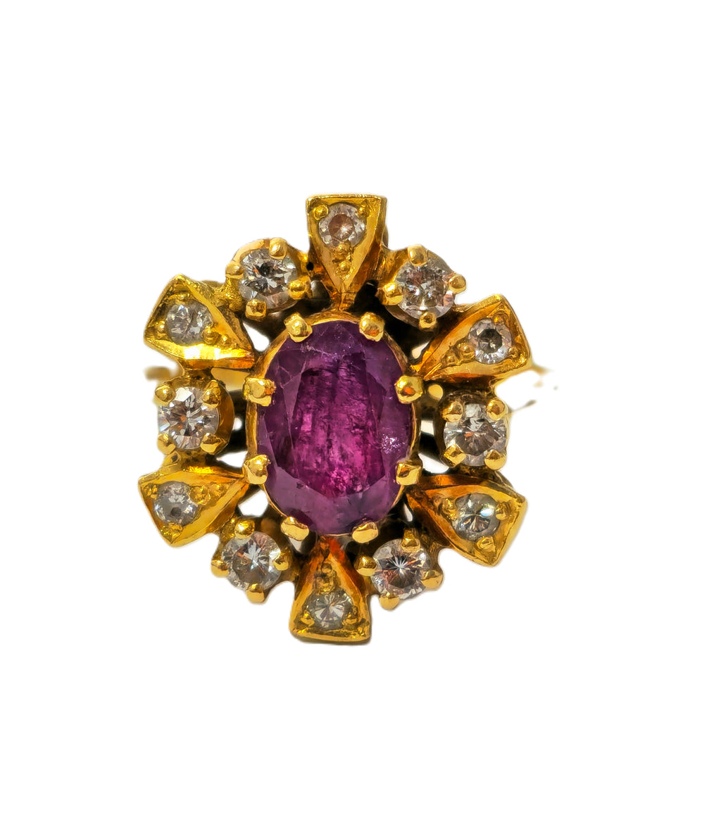Antique ruby and diamond ring in 18k yellow gold featuring intricate design, from Prince The Jeweler.