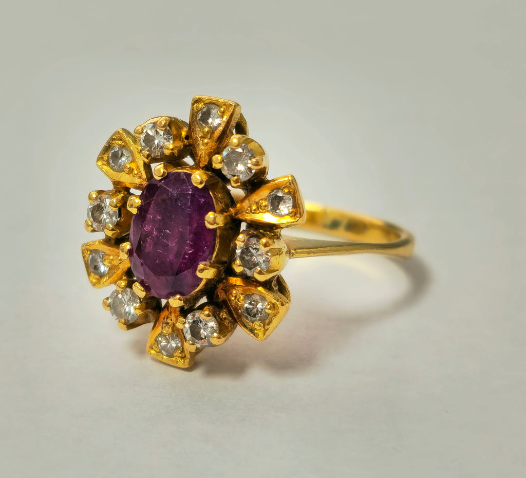 Antique ruby and diamond ring in 18k yellow gold, featuring intricate design and gemstone accents, from Prince The Jeweler.