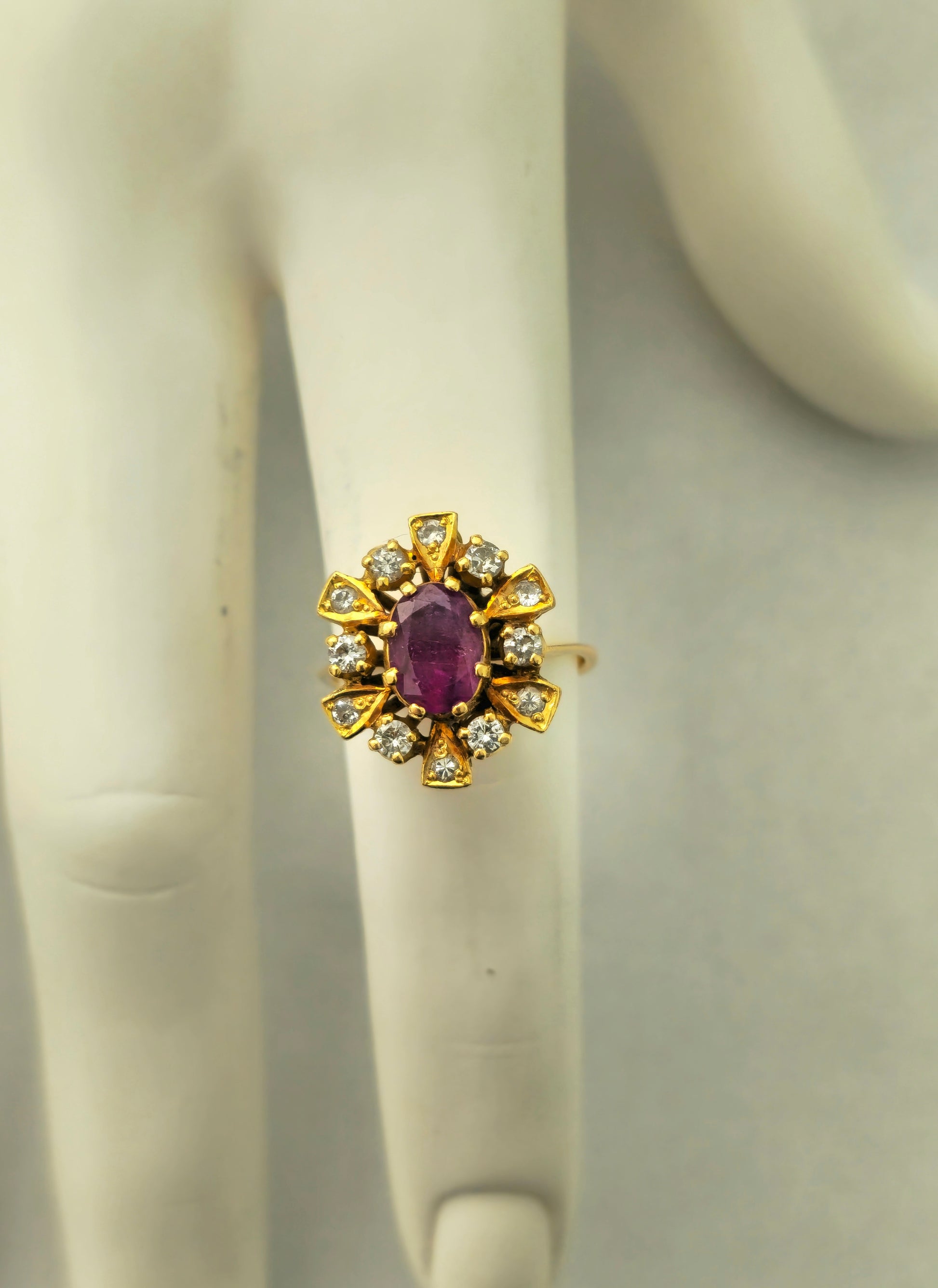 Antique ruby and diamond ring in 18k yellow gold featuring intricate design, crafted by Prince The Jeweler.