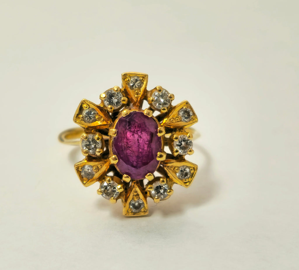 Antique ruby and diamond ring in 18k yellow gold, featuring intricate design and sparkling gemstones, by Prince The Jeweler.