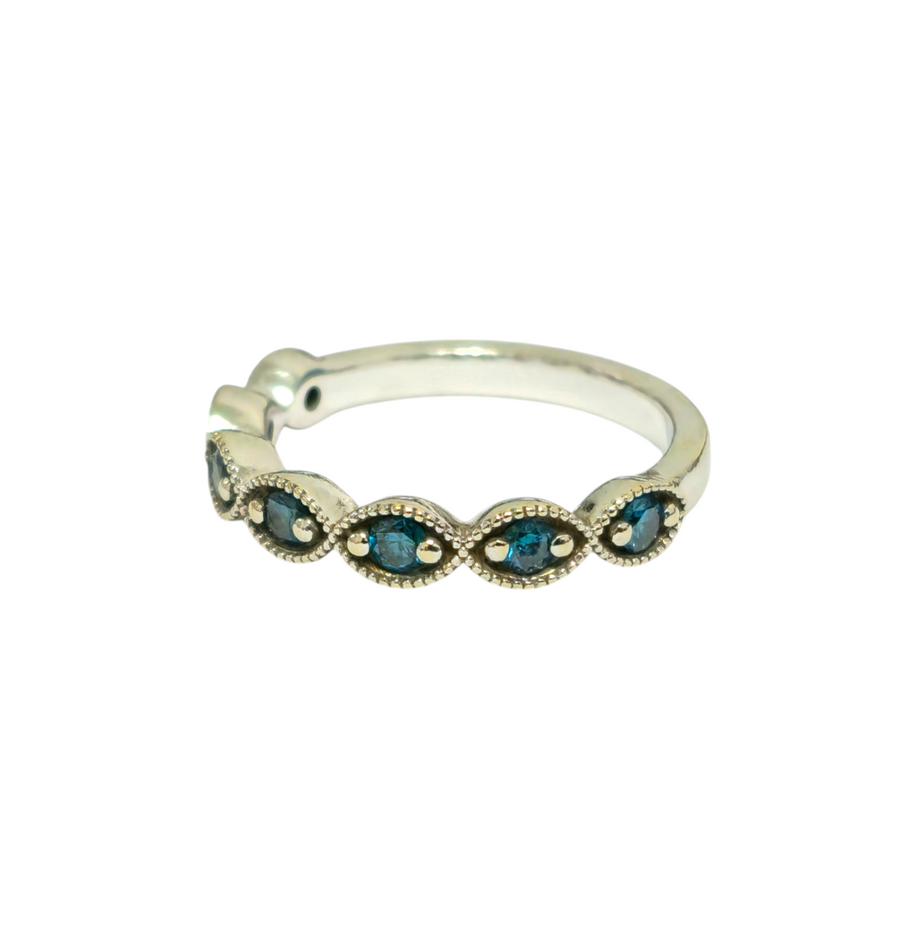 Vintage blue sapphire band ring in 14k gold with intricate detailing, crafted by Prince The Jeweler.