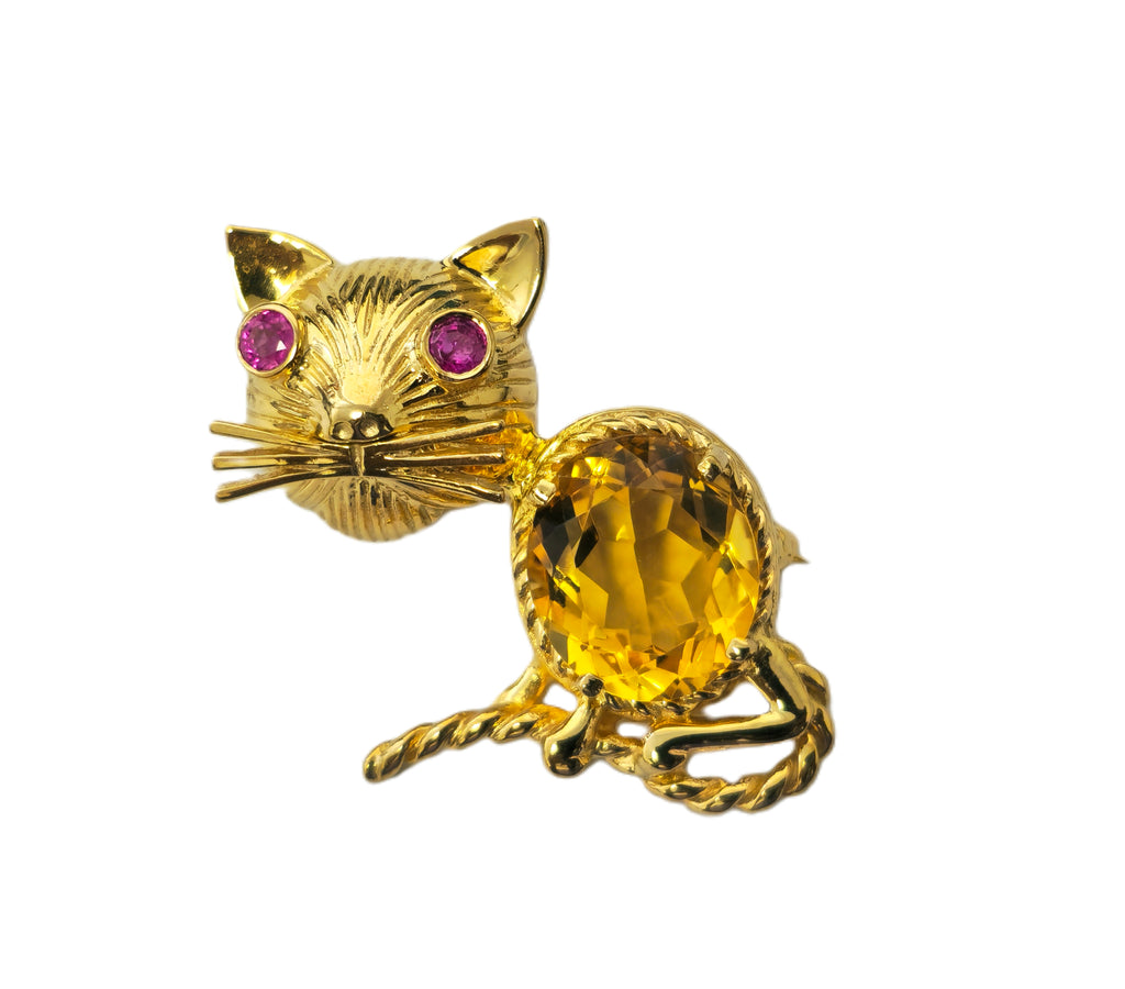 Cat Motif Ruby and Citrine Pin in 14k Yellow Gold - Pristine Diamonds