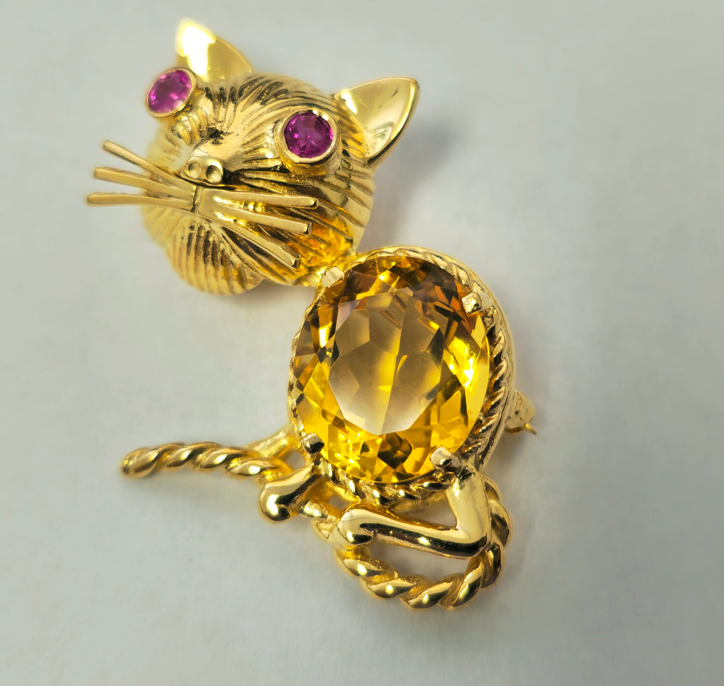 Cat Motif Ruby and Citrine Pin in 14k Yellow Gold - Pristine Diamonds