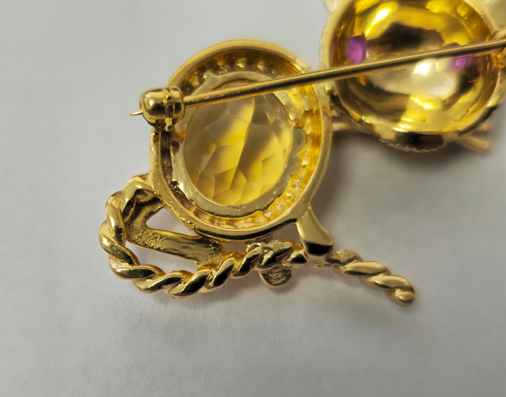 Cat Motif Ruby and Citrine Pin in 14k Yellow Gold - Pristine Diamonds