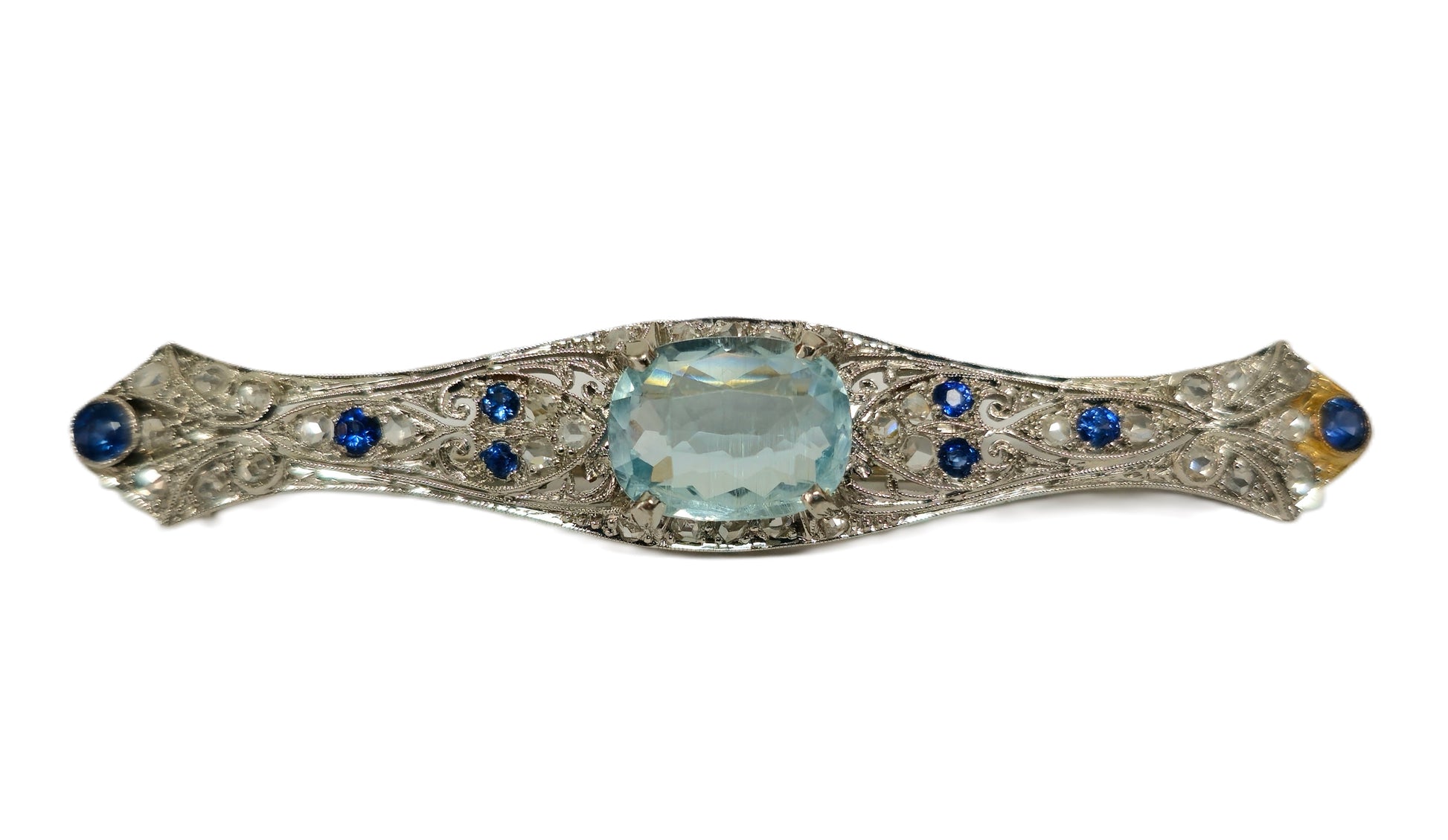Sapphire Diamond Aquamarine Ladies Estate Pin - Pristine Diamonds