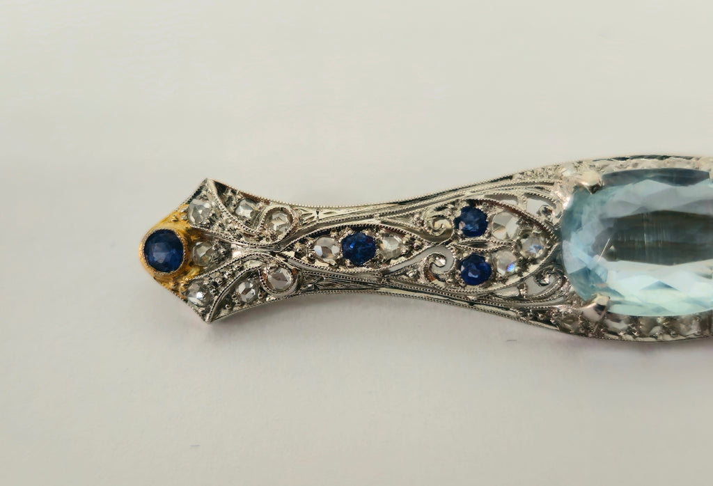 Sapphire Diamond Aquamarine Ladies Estate Pin - Pristine Diamonds