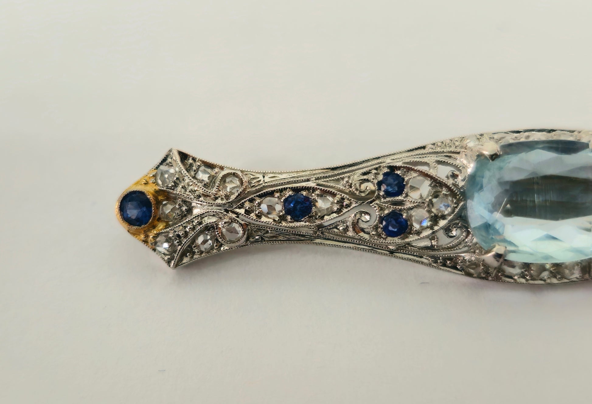 Sapphire Diamond Aquamarine Ladies Estate Pin - Pristine Diamonds