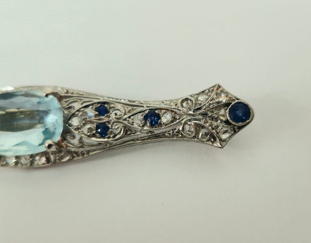 Sapphire Diamond Aquamarine Ladies Estate Pin - Pristine Diamonds