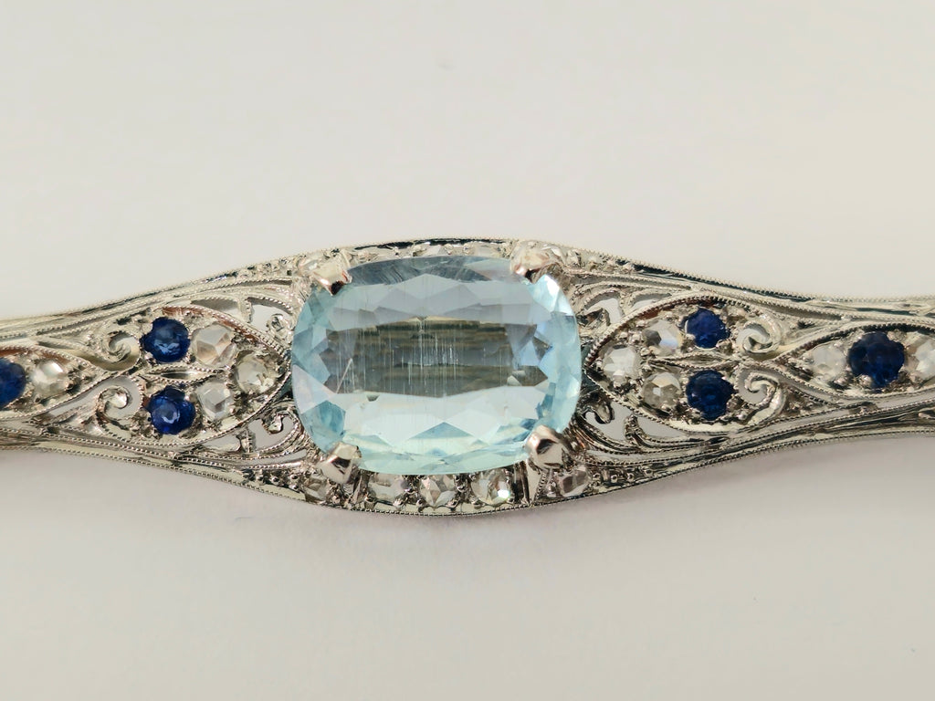 Sapphire Diamond Aquamarine Ladies Estate Pin - Pristine Diamonds