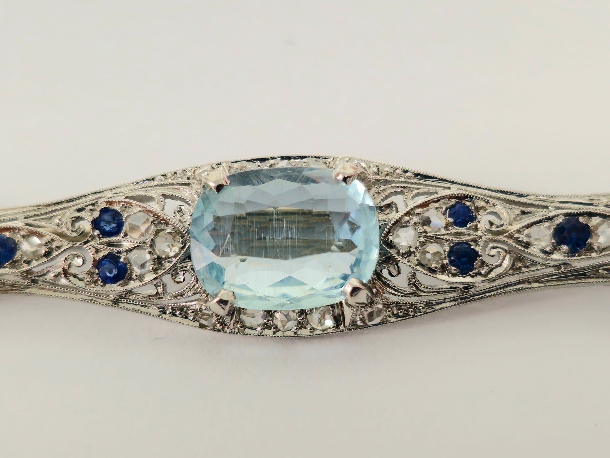Sapphire Diamond Aquamarine Ladies Estate Pin - Pristine Diamonds