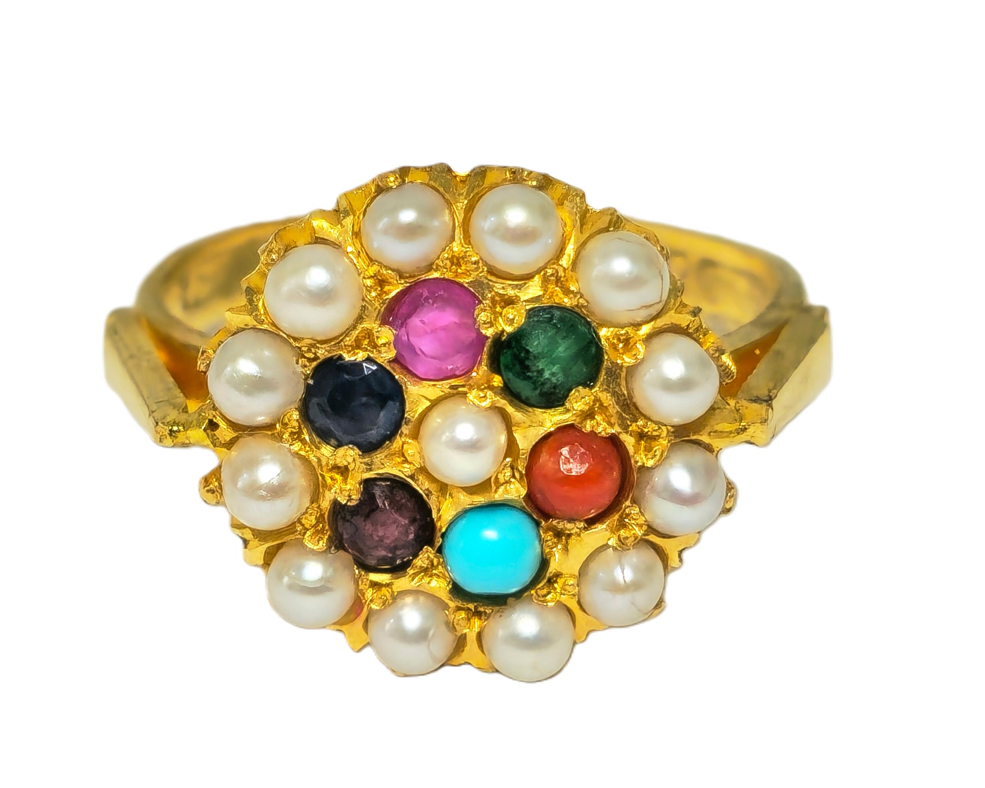 Royal Empire Style 22k yellow gold gemstone ring by Prince The Jeweler featuring colorful multi-gem accents and intricate design.