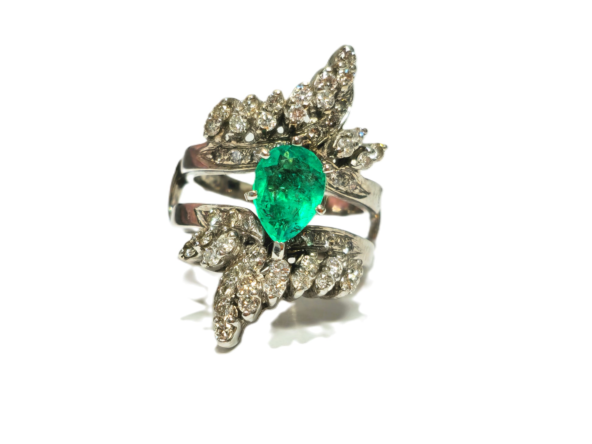 Elegant 5.50 carat Colombian emerald diamond cocktail ring by Prince The Jeweler, featuring vibrant green emeralds and sparkling diamonds.