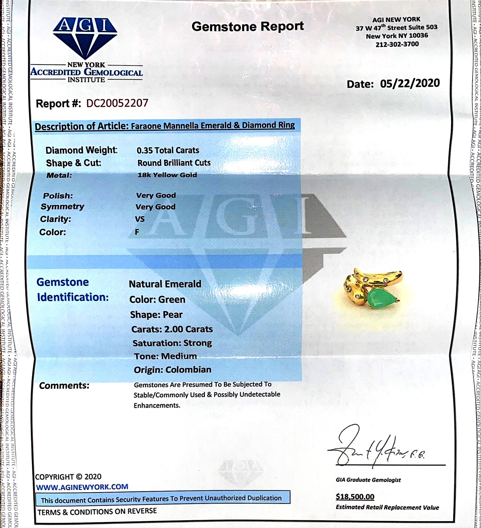 Faraone Mennella Snake Design Emerald Diamond Ring 18K - Pristine Diamonds