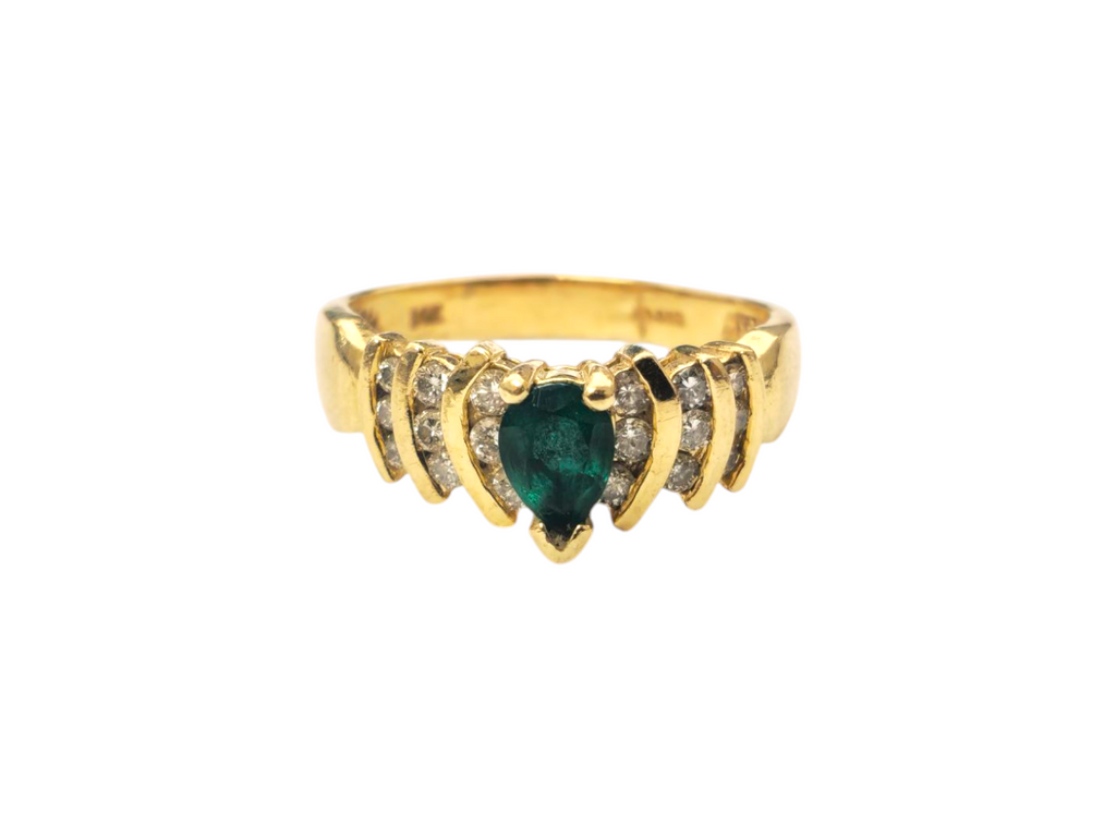 Mid Century Emerald & Diamond Ring in 14k Gold - Pristine Diamonds