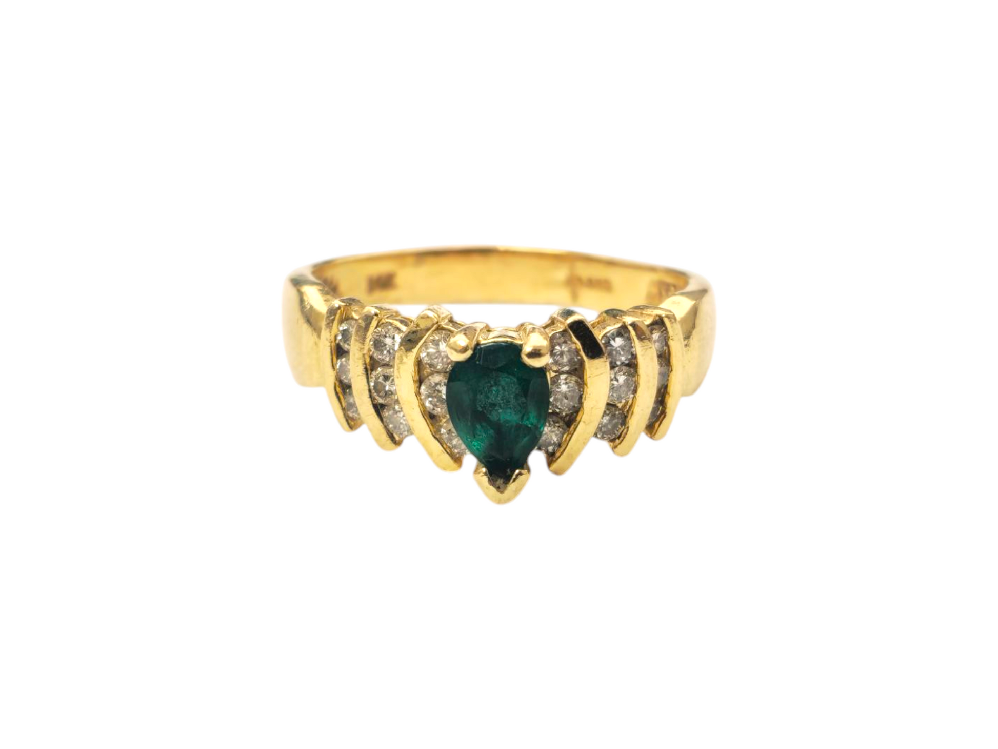 Mid Century Emerald & Diamond Ring in 14k Gold - Pristine Diamonds