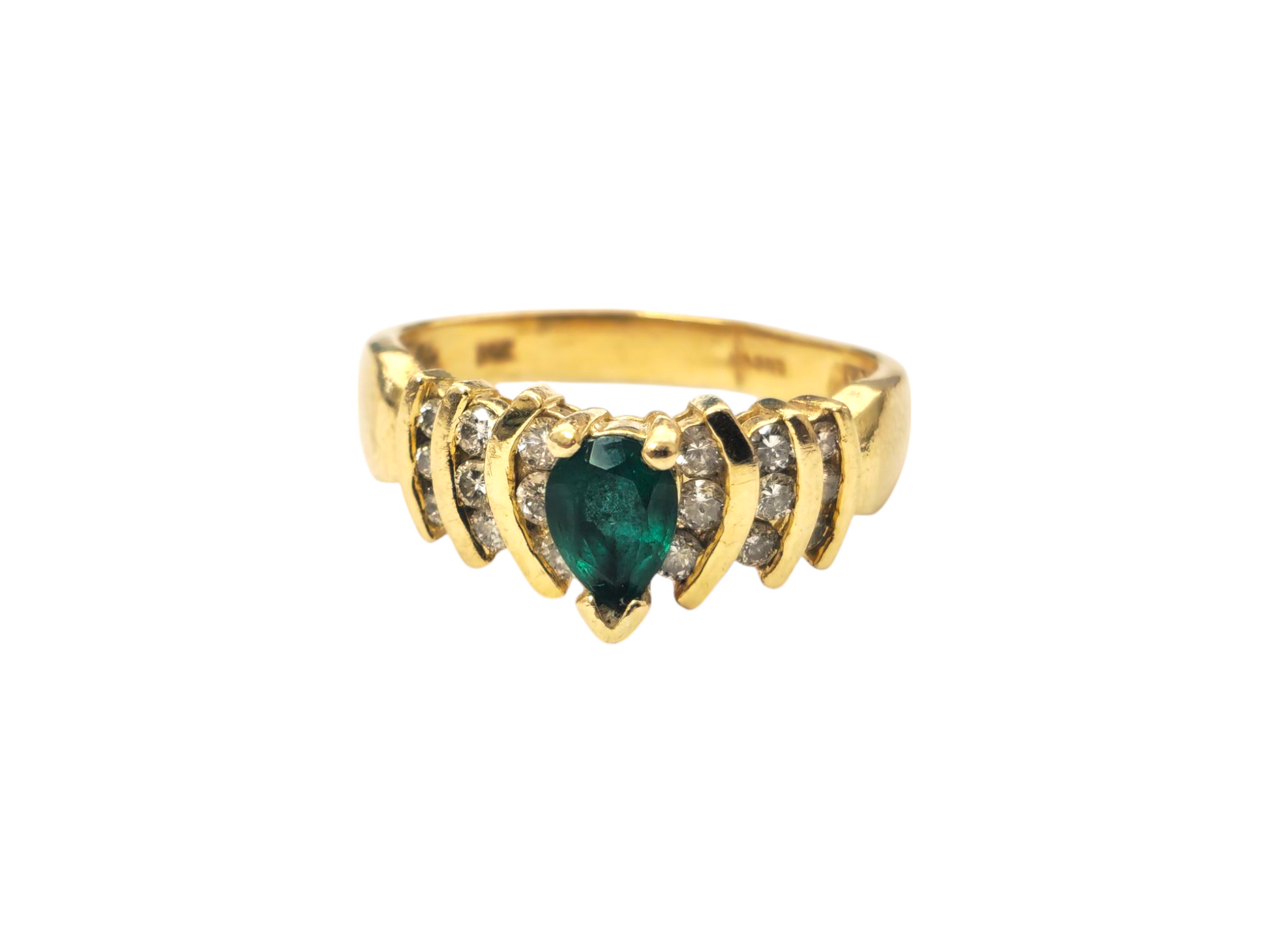 Mid Century Emerald & Diamond Ring in 14k Gold - Pristine Diamonds