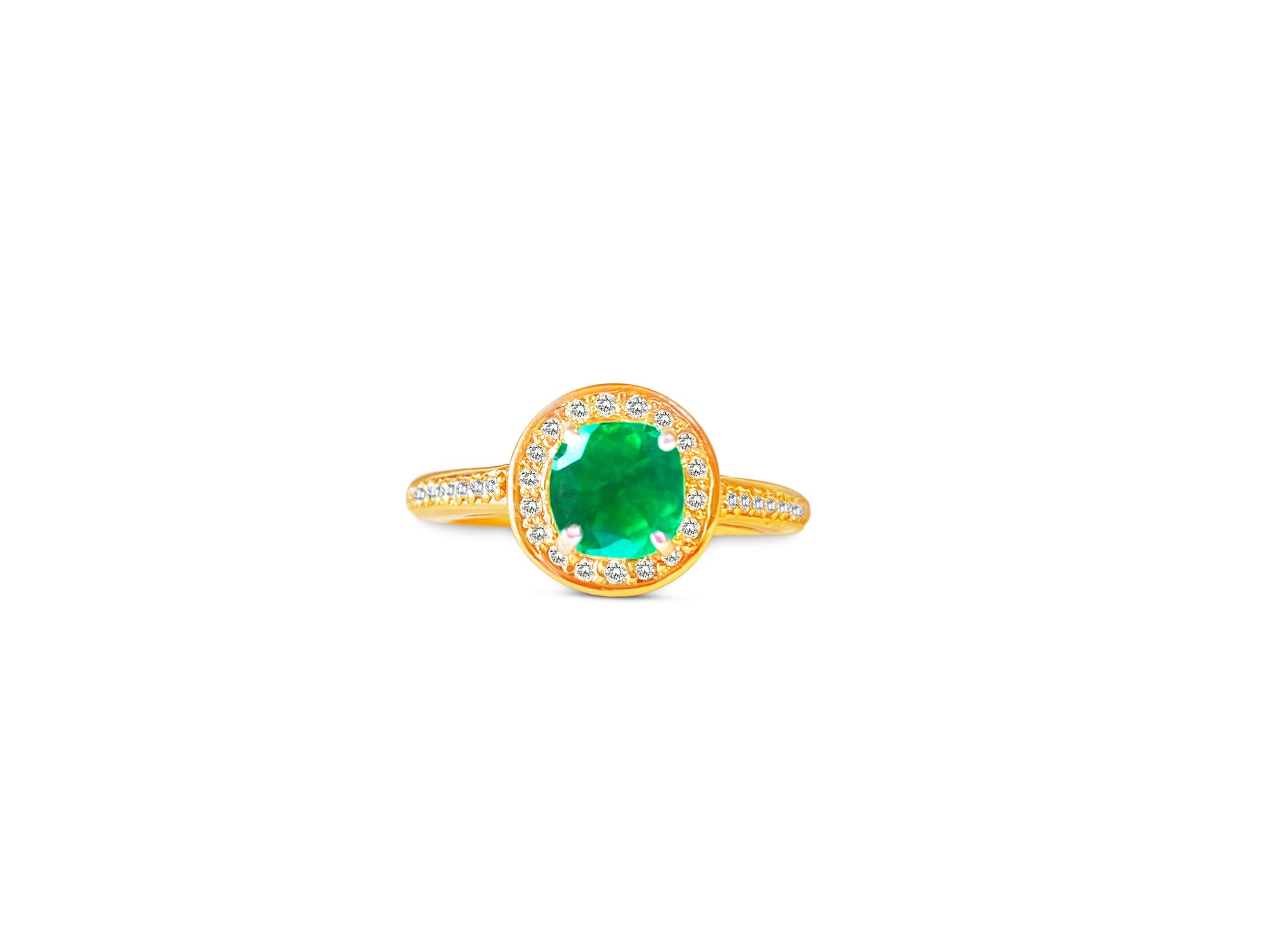 14k gold Colombian emerald and diamond engagement ring featuring a vibrant green emerald centerpiece and sparkling diamonds.