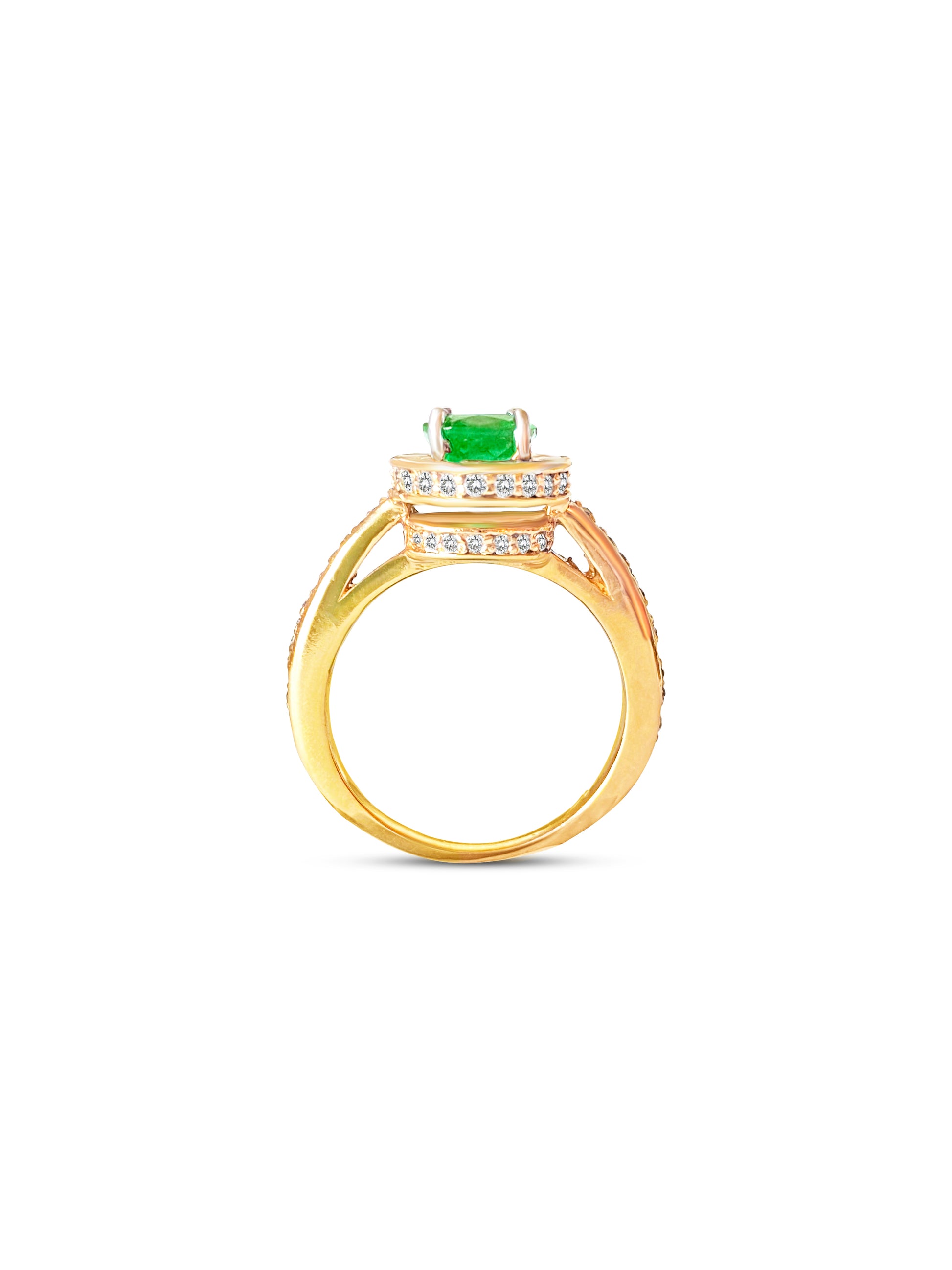 14k gold Colombian emerald and diamond engagement ring featuring a vibrant emerald centerpiece and sparkling diamonds.
