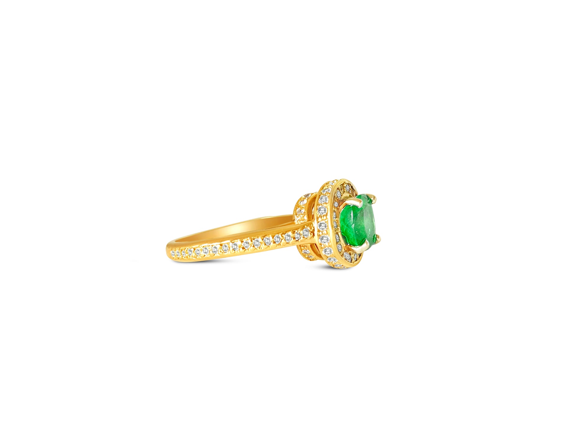 14k gold Colombian emerald and diamond engagement ring showcasing a central emerald gemstone with sparkling diamonds from Prince The Jeweler.