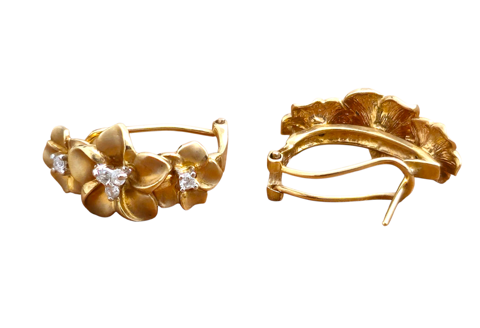 Vintage flower motif diamond earrings in 14k gold featuring intricate design and sparkling diamonds from Prince The Jeweler.