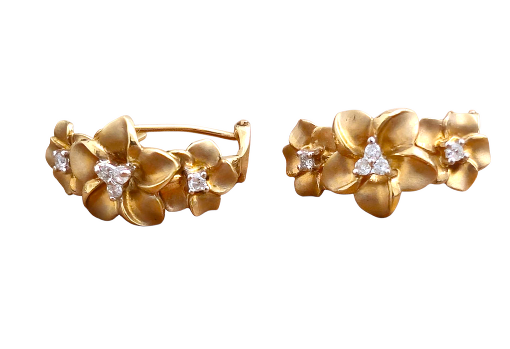 Vintage flower motif diamond earrings in 14k gold featuring intricate floral design and sparkling diamonds, crafted by Prince The Jeweler.