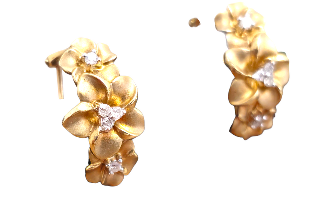 Vintage flower motif diamond earrings in 14k gold with intricate floral design, crafted by Prince The Jeweler.