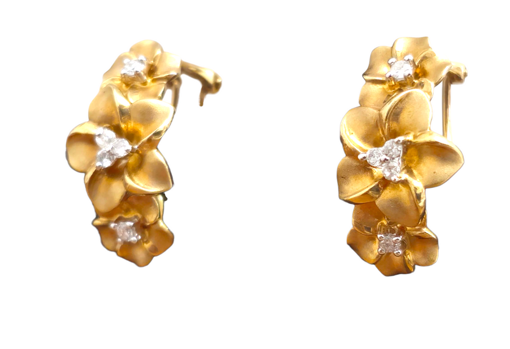 Vintage flower motif diamond earrings in 14k gold with intricate floral design, crafted by Prince The Jeweler.