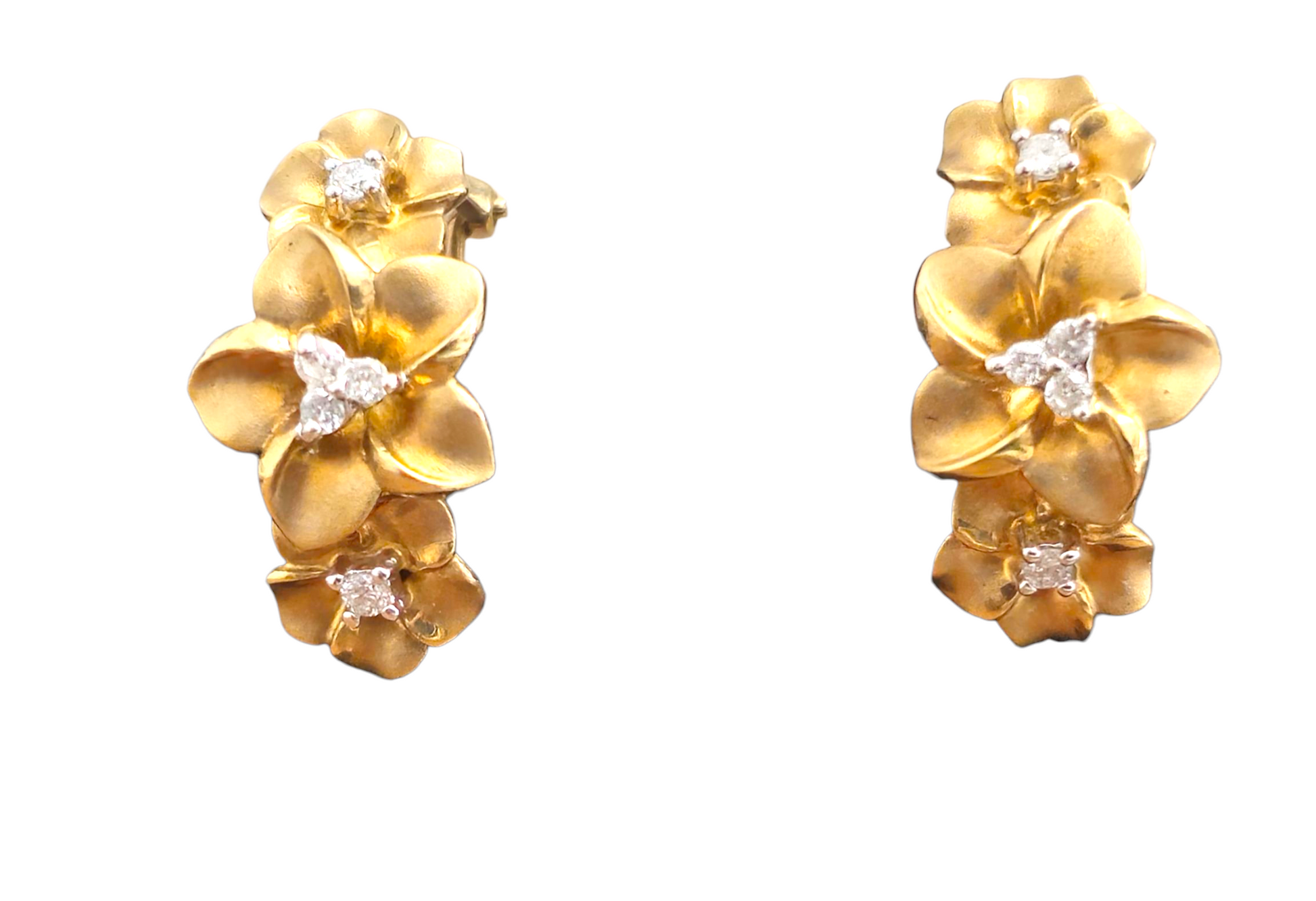 Vintage flower motif diamond earrings in 14k gold featuring intricate floral designs and sparkling diamonds from Prince The Jeweler.