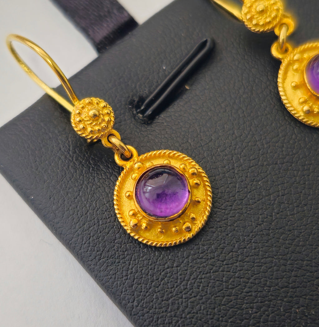 Mid Century 2.24 Carat Amethyt Dangle Earrings in 18k yellow gold - Pristine Diamonds