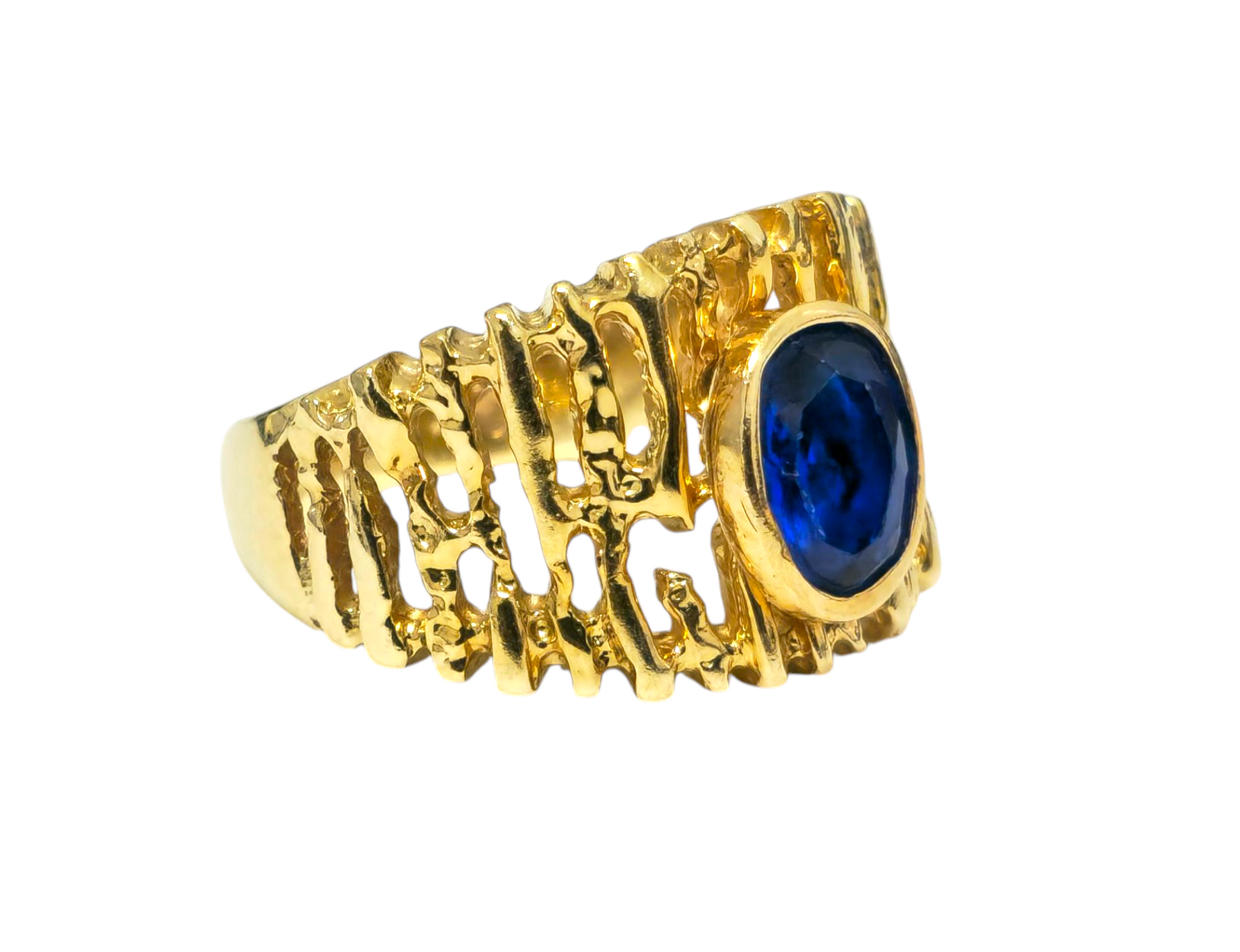 Mid-century style blue sapphire ring in 14k gold featuring a natural blue sapphire gemstone, crafted by Prince The Jeweler.