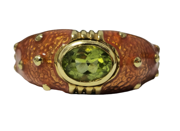 Vintage green peridot and orange enamel ring in 10k yellow gold, featuring a vibrant, detailed design by Prince The Jeweler.