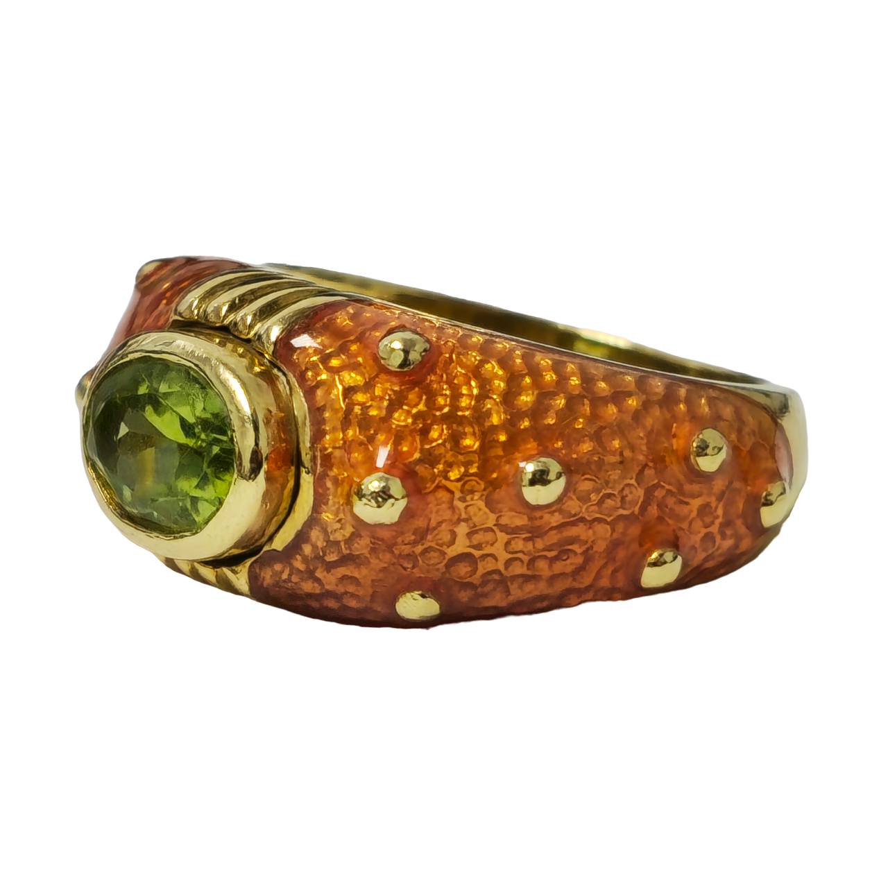 Vintage green peridot and orange enamel ring in 10k yellow gold, featuring vibrant orange accents, by Prince The Jeweler.