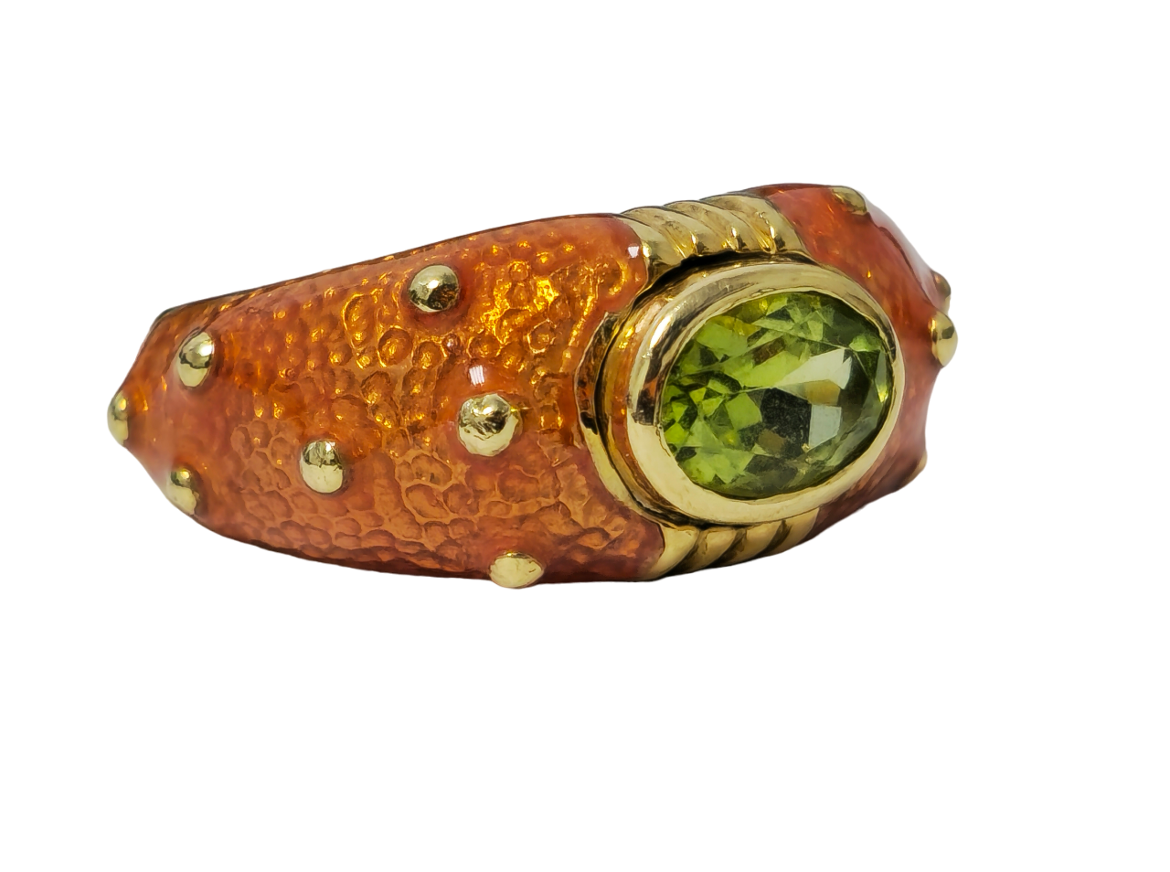 Vintage green peridot and orange enamel 10k yellow gold ring, featuring vibrant gemstone and detailed craftsmanship.
