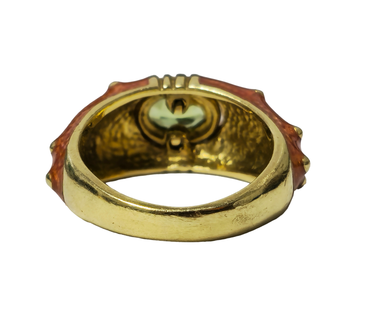 Vintage green peridot and orange enamel in a 10k yellow gold ring, designed by Prince The Jeweler, showcasing vibrant gemstone and enamel details.