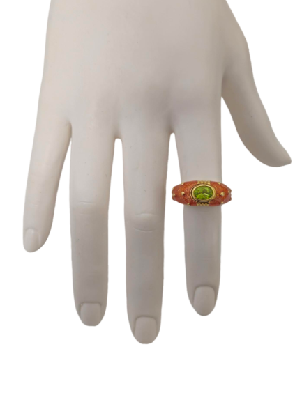 Vintage green peridot and orange enamel ring in 10k yellow gold, featuring a vibrant design by Prince The Jeweler.