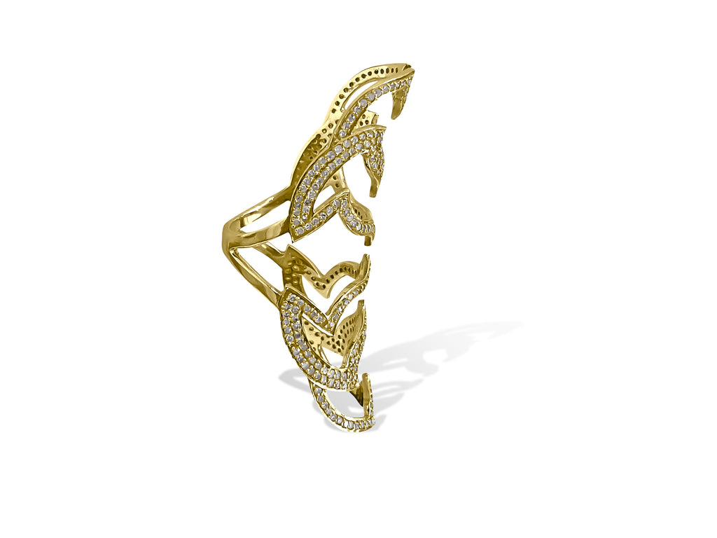Elegant 1.97 carat diamond gold fancy long finger ring showcasing sparkling diamonds and intricate gold detailing.